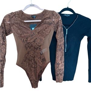 Fashion Nova Lace Bodysuit & Navy Sweater